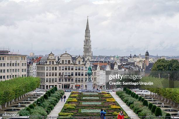 brussels skyline with majestic city hall bell tower - brussels skyline stock pictures, royalty-free photos & images