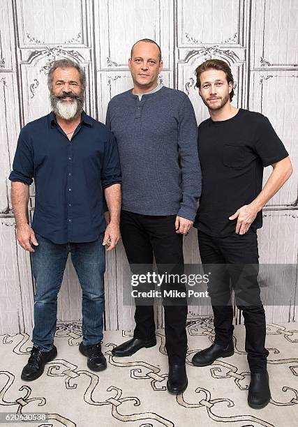 Mel Gibson, Vince Vaughn and Luke Bracey attend the Build Series to discuss "Hacksaw Ridge" at AOL HQ on November 2, 2016 in New York City.