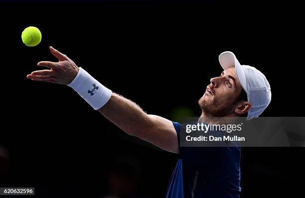 Andy Murray of Great Britain serves against Fernando Verdasco of Spain during the Mens Singles second round match on day three of the BNP Paribas...