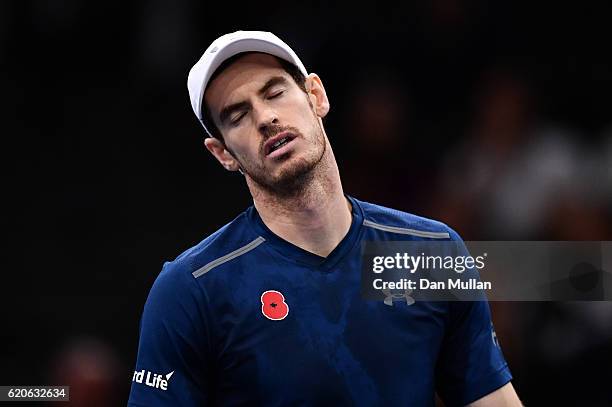 Andy Murray of Great Britain reacts during the Mens Singles second round match against Fernando Verdasco of Spain on day three of the BNP Paribas...