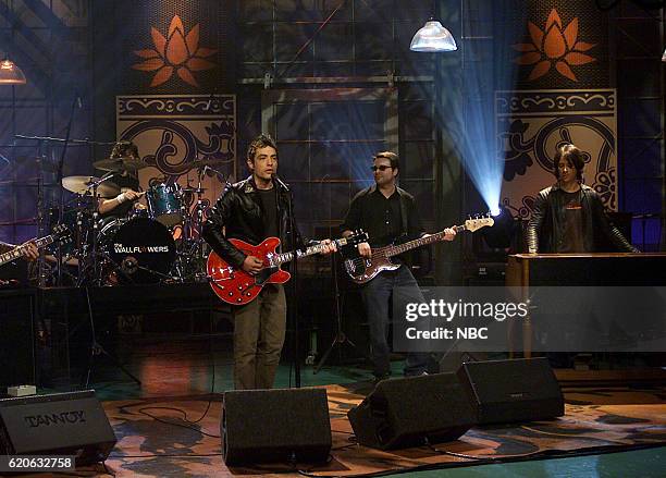 Episode 2459 -- Pictured: Musical guests Fred Eltringham, Jakob Dylan, Greg Richling, and Rami Jaffee of The Wallflowers perform on April 2, 2003 --