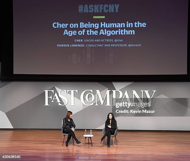 Director of the Center for Integrated Design at the University of Texas Doreen Lorenzo and Singer and Actress Cher speak onstage at the Fast Company...