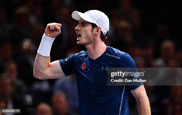 Andy Murray of Great Britain reacts during his Mens Singles second round match against Fernando Verdasco of Spain on day three of the BNP Paribas...