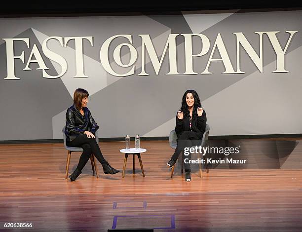 Director of the Center for Integrated Design at the University of Texas Doreen Lorenzo and Singer and Actress Cher speak onstage at the Fast Company...