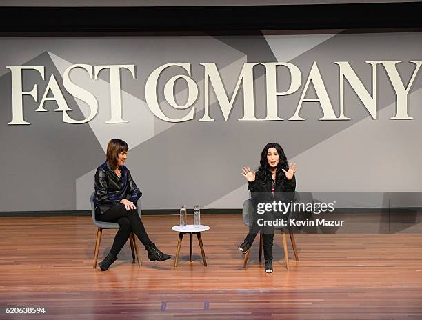 Director of the Center for Integrated Design at the University of Texas Doreen Lorenzo and Singer and Actress Cher speak onstage at the Fast Company...