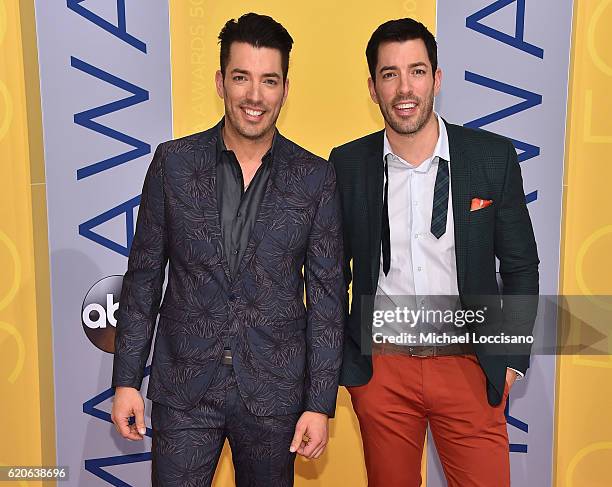 Jonathan Drew and Drew Scott of Property Brothers attend the 50th annual CMA Awards at the Bridgestone Arena on November 2, 2016 in Nashville,...