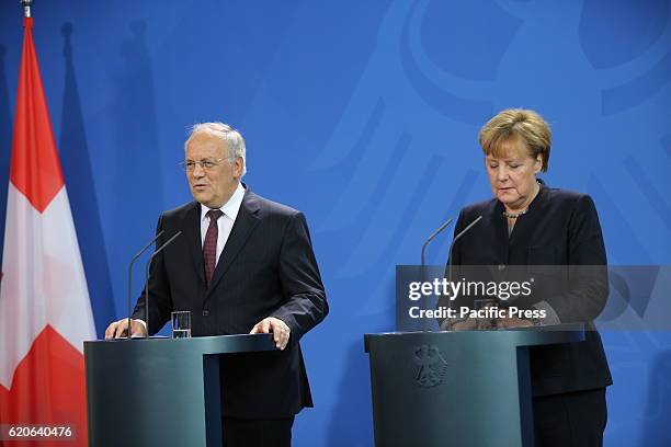 Federal Chancellor Angela Merkel receives the Federal President of the Swiss Confederation, Johann Schneider-Ammann, in the Federal Chancellery. The...