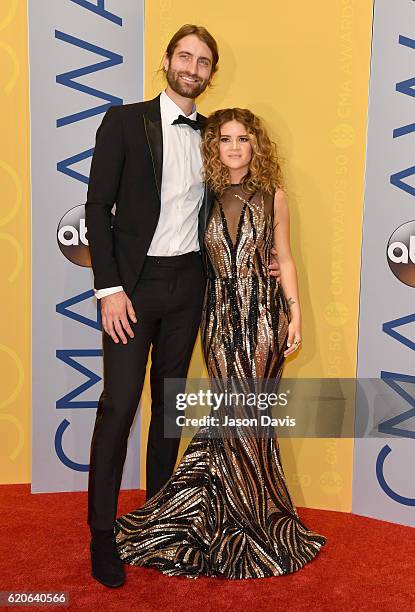 Singer-songwriter Ryan Hurd and Maren Morris attend the 50th annual CMA Awards at the Bridgestone Arena on November 2, 2016 in Nashville, Tennessee.