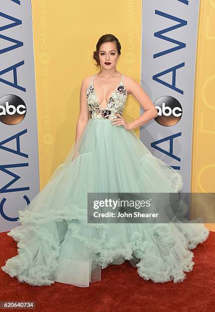 Actress Hayley Orrantia attends the 50th annual CMA Awards at the Bridgestone Arena on November 2, 2016 in Nashville, Tennessee.