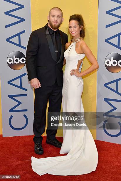 Singer Brantley Gilbert and wife Amber Cochran attend the 50th annual CMA Awards at the Bridgestone Arena on November 2, 2016 in Nashville, Tennessee.