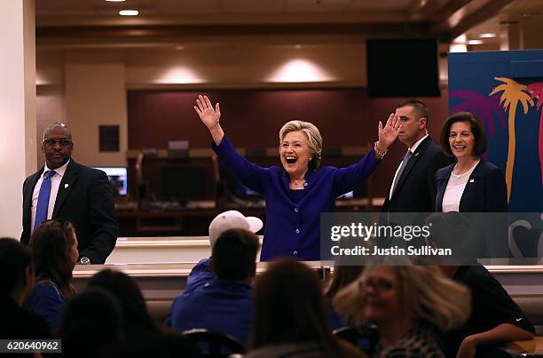 Democratic presidential nominee Hillary Clinton greets workers at The Mirage Las Vegas Hotel and Casino on November 2, 2016 in Las Vegas, Nevada. The...