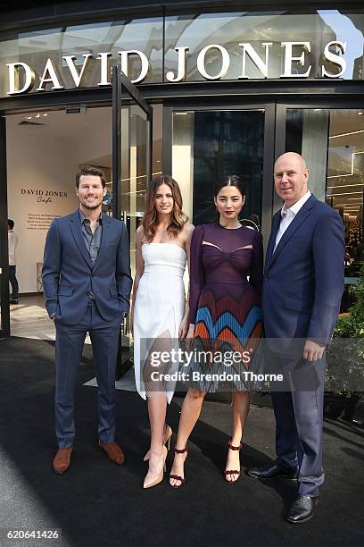 David Jones CEO, John Dixon and David Jones ambassadors, Jason Dundas, Jesinta Campbell and Jessica Gomes pose during the official opening of the new...