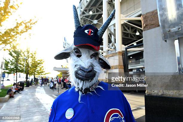Fan dressed as a goat poses prior to Game Seven of the 2016 World Series between the Chicago Cubs and the Cleveland Indians at Progressive Field on...