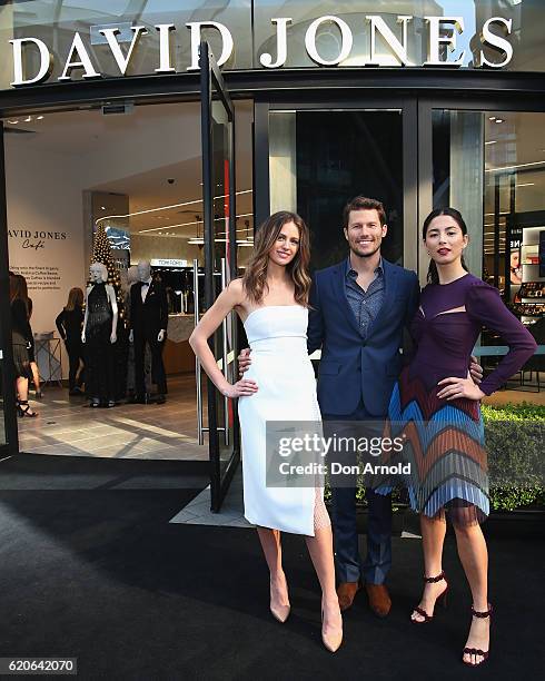 Jesinta Campbell, Jason Dundas and Jessica Gomes pose during the official opening of the new David Jones store at Barangaroo on November 3, 2016 in...
