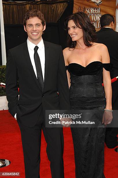 James Marsden and Lisa Linde attend The 14th Annual Screen Actors Guild Awards - Arrivals at The Shrine Auditorium on January 27, 2008 in Los...