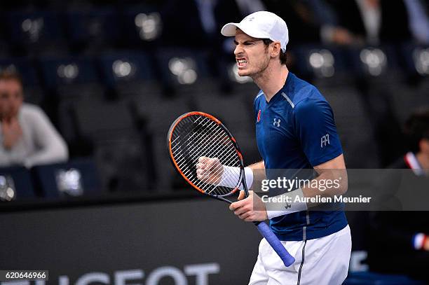Andy Murray of Great Britain reacts during the Men's second round match against Frenando Verdacso of Spain on day three of the BNP Paribas Masters at...