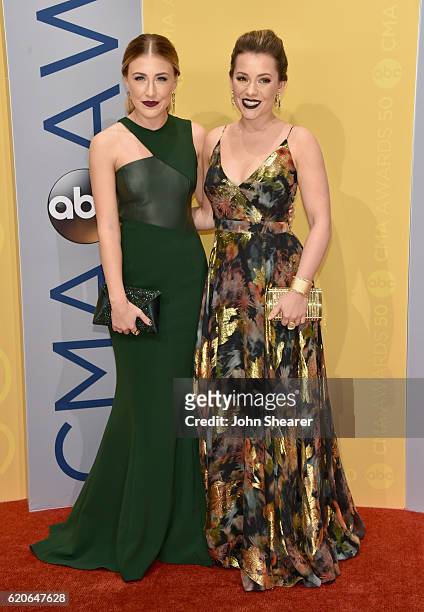 Maddie Marlow and Taylor Dye of Maddie & Tae attend the 50th annual CMA Awards at the Bridgestone Arena on November 2, 2016 in Nashville, Tennessee.