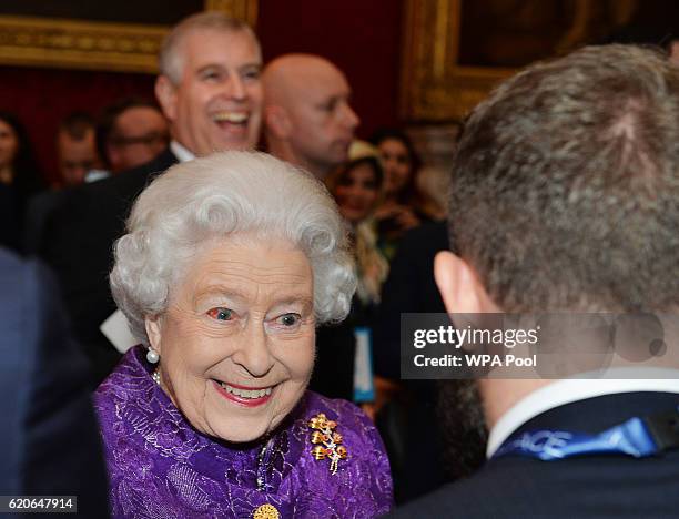 Queen Elizabeth II speaks to Ed Leon Klinger during the opening of Pitch@Palace 6.0, an initiative set up by the Duke of York to guide, help and...