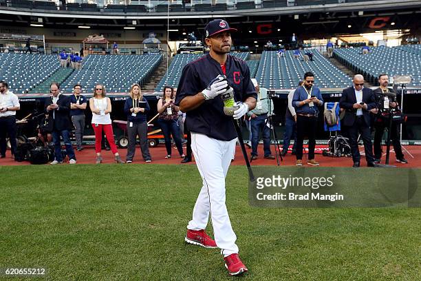 Coco Crisp of the Cleveland Indians looks on prior to Game 7 of the 2016 World Series against the Chicago Cubs at Progressive Field on Wednesday,...