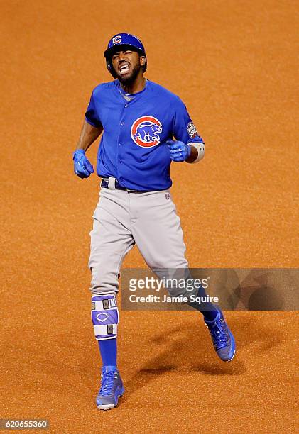 Dexter Fowler of the Chicago Cubs hits a lead off home run in the first inning against the Cleveland Indians in Game Seven of the 2016 World Series...
