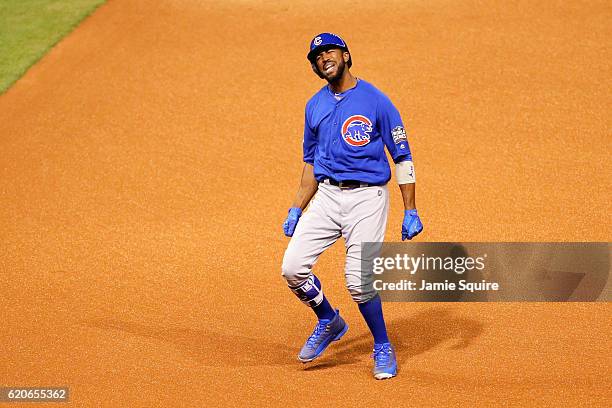 Dexter Fowler of the Chicago Cubs hits a lead off home run in the first inning against the Cleveland Indians in Game Seven of the 2016 World Series...