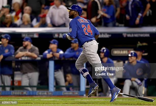 Dexter Fowler of the Chicago Cubs hits a lead off home run in the first inning against the Cleveland Indians in Game Seven of the 2016 World Series...