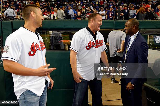 Former Cleveland Indians players Travis Hafner and Jim Thome joke with MLB Network analyst Harold Reynolds prior to Game 7 of the 2016 World Series...