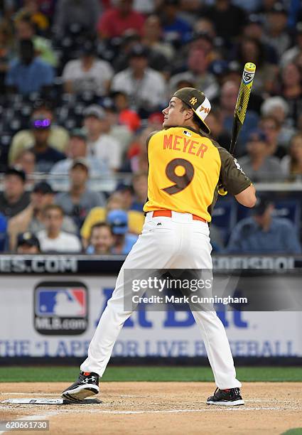 Disney actor Peyton Meyer bats during the MLB 2016 All-Star Legends and Celebrity Softball Game at PETCO Park on July 10, 2016 in San Diego,...