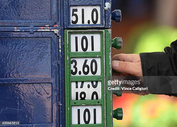 General view of bookmaker adjusting odds on Oaks Day at Flemington Racecourse on November 3, 2016 in Melbourne, Australia.