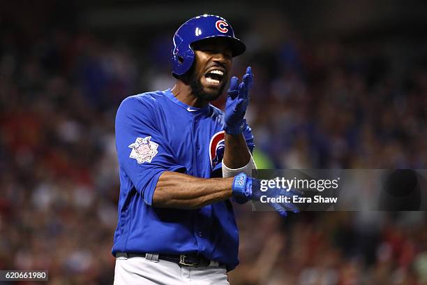 Dexter Fowler of the Chicago Cubs reacts after lining out during the third inning against the Cleveland Indians in Game Seven of the 2016 World...