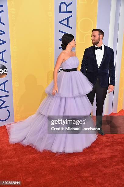 Kacey Musgraves and Ruston Kelly attend the 50th annual CMA Awards at the Bridgestone Arena on November 2, 2016 in Nashville, Tennessee.