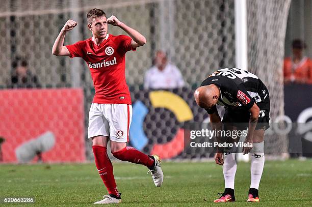 Aylon of Internacional celebrates a scored goal against Atletico MG during a match between Atletico MG and Internacional as part of Copa do Brasil...