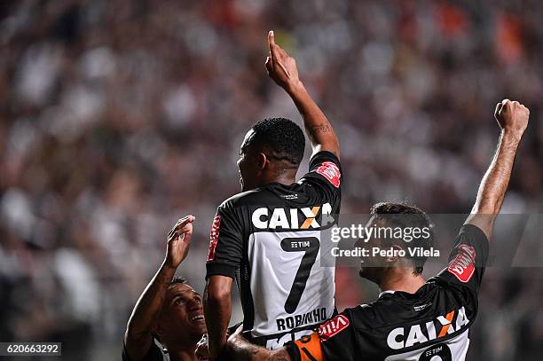 Otero, Robinho and Lucas Pratto of Atletico MG celebrates a scored goal against Internacional during a match between Atletico MG and Internacional as...