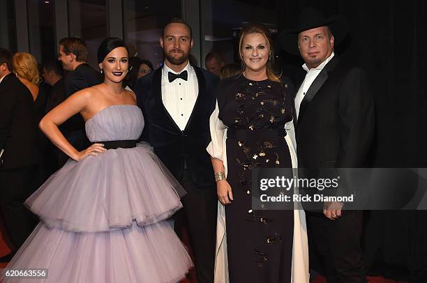 Kacey Musgraves, Ruston Kelly, and Trisha Yearwood, and Garth Brooks attend the 50th annual CMA Awards at the Bridgestone Arena on November 2, 2016...