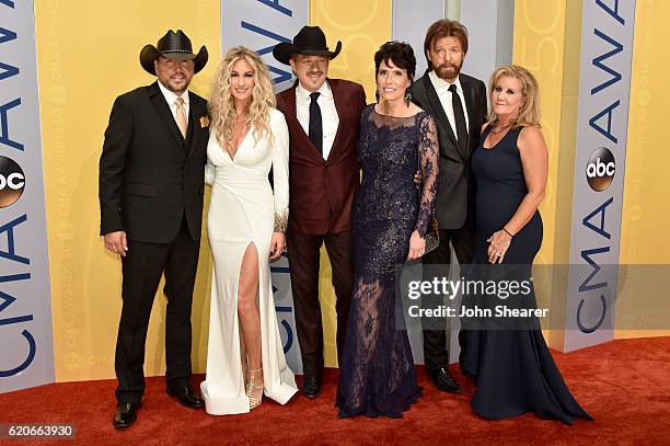 Jason Aldean, Brittany Kerr, Kix Brooks, Barbara Brooks, Ronnie Dunn and Janine Dunn attend the 50th annual CMA Awards at the Bridgestone Arena on...