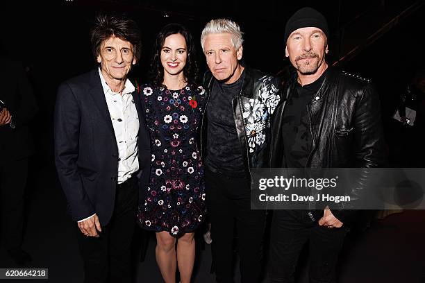 Ronnie Wood, Sally Wood, Adam Clayton and The Edge attend The Stubhub Q Awards 2016 at The Roundhouse on November 2, 2016 in London, England.