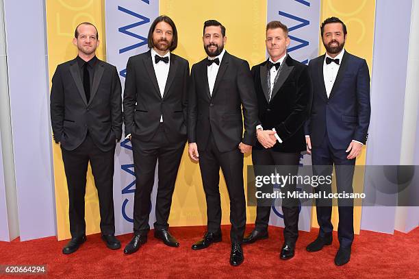 Whit Sellers, Brad Tursi, Matthew Ramsey, Trevor Rosen, and Geoff Sprung of Old Dominion attend the 50th annual CMA Awards at the Bridgestone Arena...