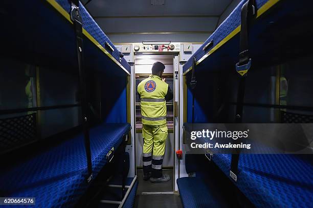 Members of the Civil Protection check the train before letting homeless go on it on November 2, 2016 in Perugia, Italy. A 6.6 magnitude earthquake...