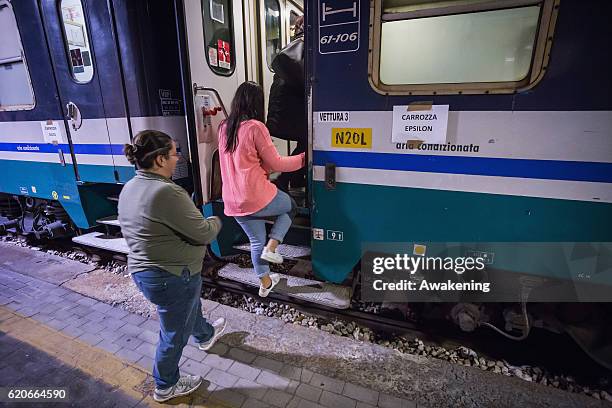 Homeless people wait to travel with special train to the east coast on November 2, 2016 in Perugia, Italy. A 6.6 magnitude earthquake struck central...