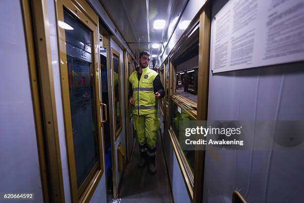 Members of the Civil Protection check the train before letting homeless go on it on November 2, 2016 in Perugia, Italy. A 6.6 magnitude earthquake...