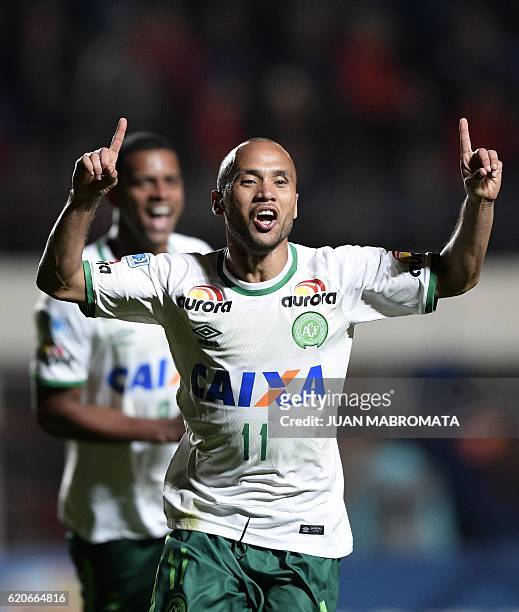 Brazil's Chapecoense forward Ananias celebrates after scoring a goal against Argentina's San Lorenzo, during their Copa Sudamericana semifinal first...
