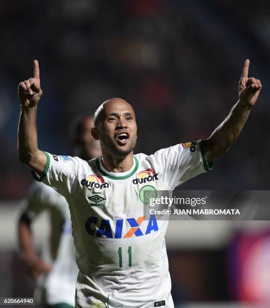 Brazil's Chapecoense forward Ananias, celebrates after scoring a goal against Argentina's San Lorenzo, during their Copa Sudamericana semifinal first...