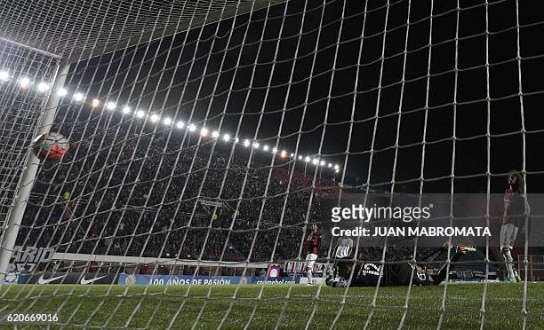 Brazil's Chapecoense forward Ananias strikes to score a goal against Argentina's San Lorenzo, during their Copa Sudamericana semifinal first leg...