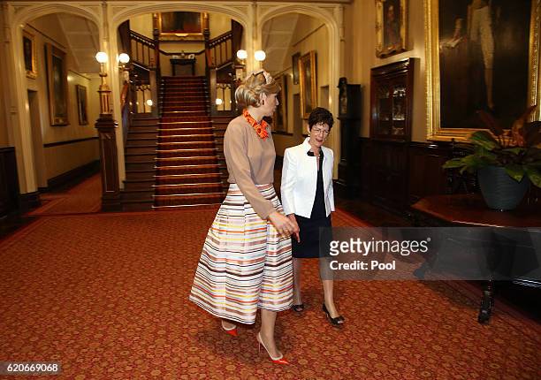 Queen Maxima of The Netherlands is greeted by Linda Hurley at Government House on November 03, 2016 in Sydney, Australia. The Dutch King and Queen...