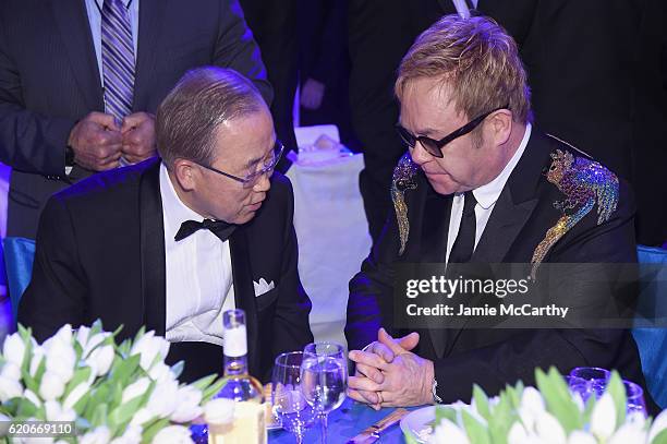 Ban Ki-Moon and Sir Elton John share a moment at the 15th Annual Elton John AIDS Foundation An Enduring Vision Benefit at Cipriani Wall Street on...