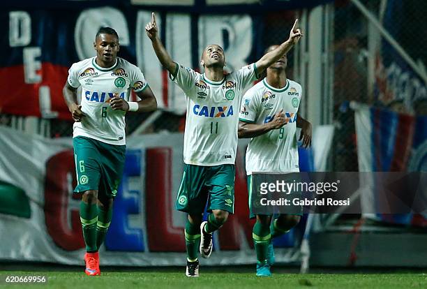 Ananias of Chapecoense and teammates celebrate their team's first goal during a first leg semi final match between San Lorenzo and Chapecoense as...