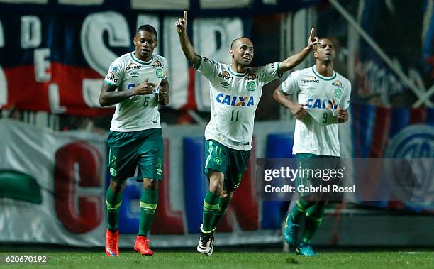 Ananias of Chapecoense and teammates celebrate their team's first goal during a first leg semi final match between San Lorenzo and Chapecoense as...