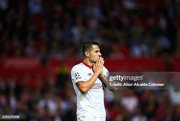 Victor Machin Perez "Vitolo" of Sevilla FC reacts during the UEFA Champions League match between Sevilla FC vs GNK Dinamo Zagreb at the Sanchez...