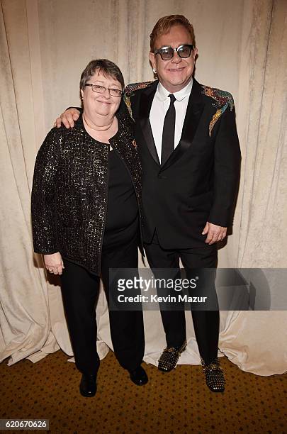 Kathy Hiers and Elton John attend 15th Annual Elton John AIDS Foundation An Enduring Vision Benefit at Cipriani Wall Street on November 2, 2016 in...