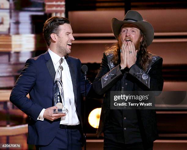 Osborne and John Osborne of musical duo Brothers Osborne accept award onstage at the 50th annual CMA Awards at the Bridgestone Arena on November 2,...